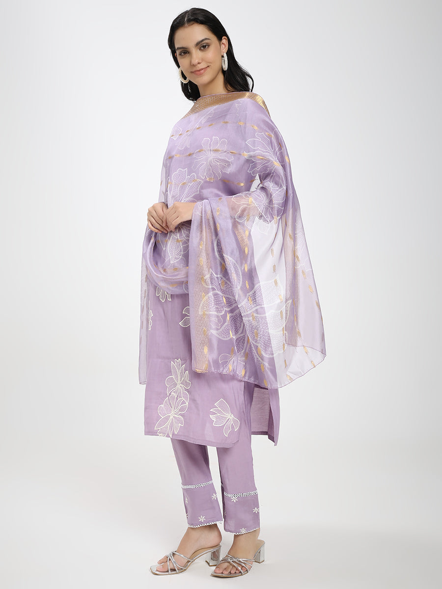 Lavender Floral Embroidered Roman Silk Kurta Pant Dupatta Set