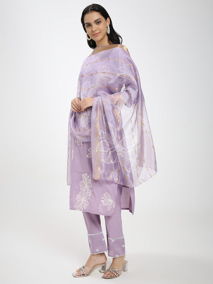 Lavender Floral Embroidered Roman Silk Kurta Pant Dupatta Set