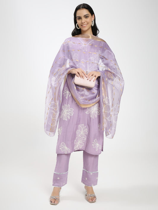 Lavender Floral Embroidered Roman Silk Kurta Pant Dupatta Set