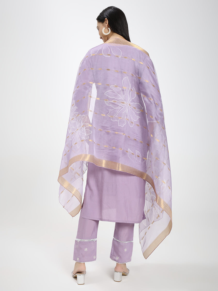 Lavender Floral Embroidered Roman Silk Kurta Pant Dupatta Set