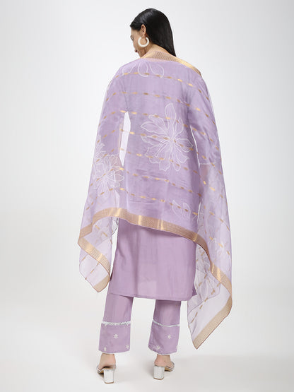 Lavender Floral Embroidered Roman Silk Kurta Pant Dupatta Set