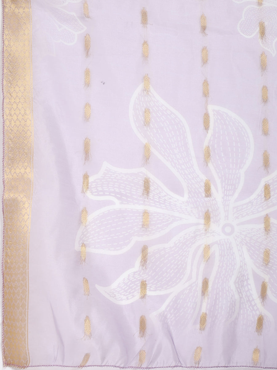Lavender Floral Embroidered Roman Silk Kurta Pant Dupatta Set