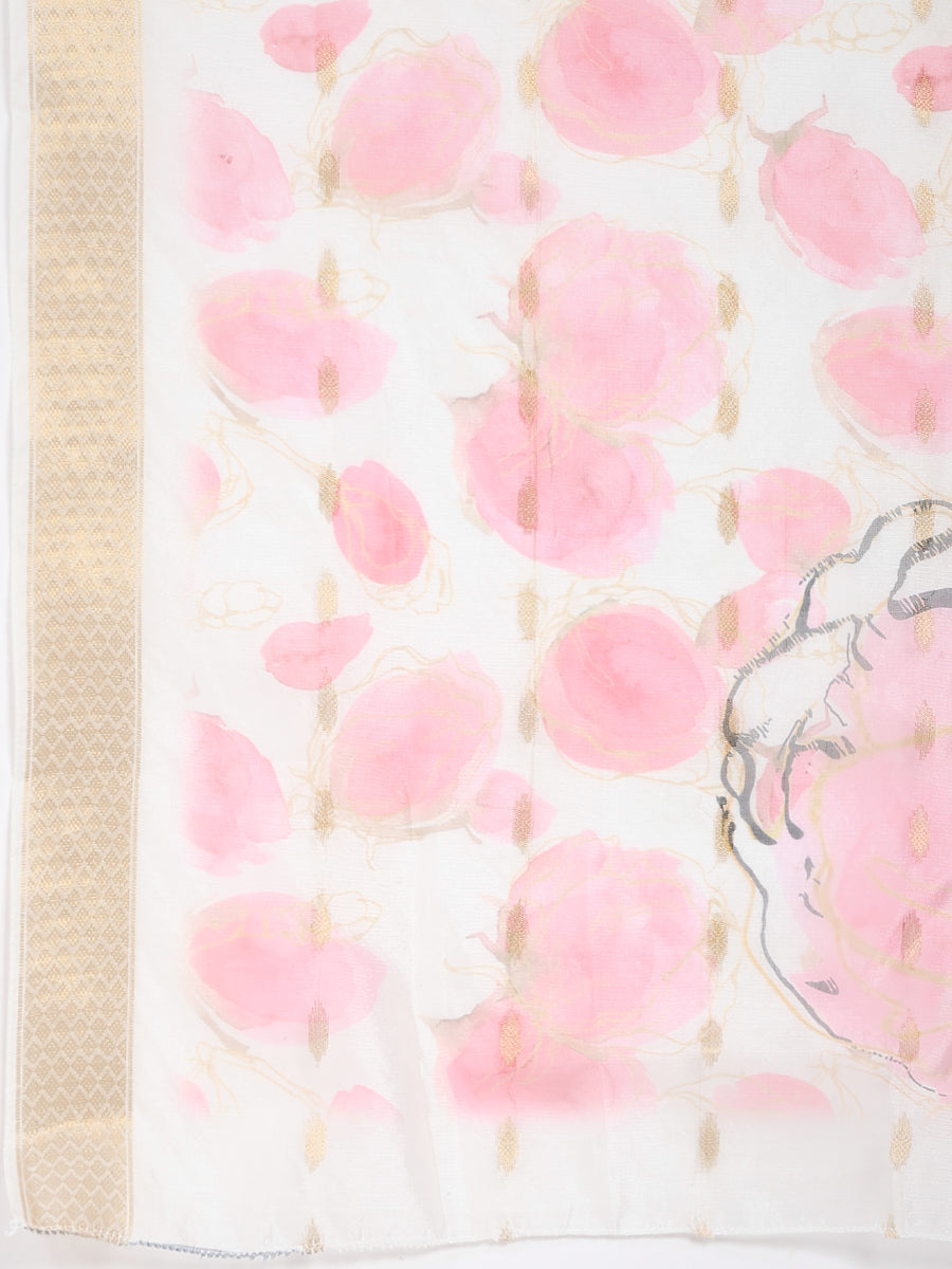 Off-White & Peach Embroidered Roman Silk Kurta Pant Dupatta Set