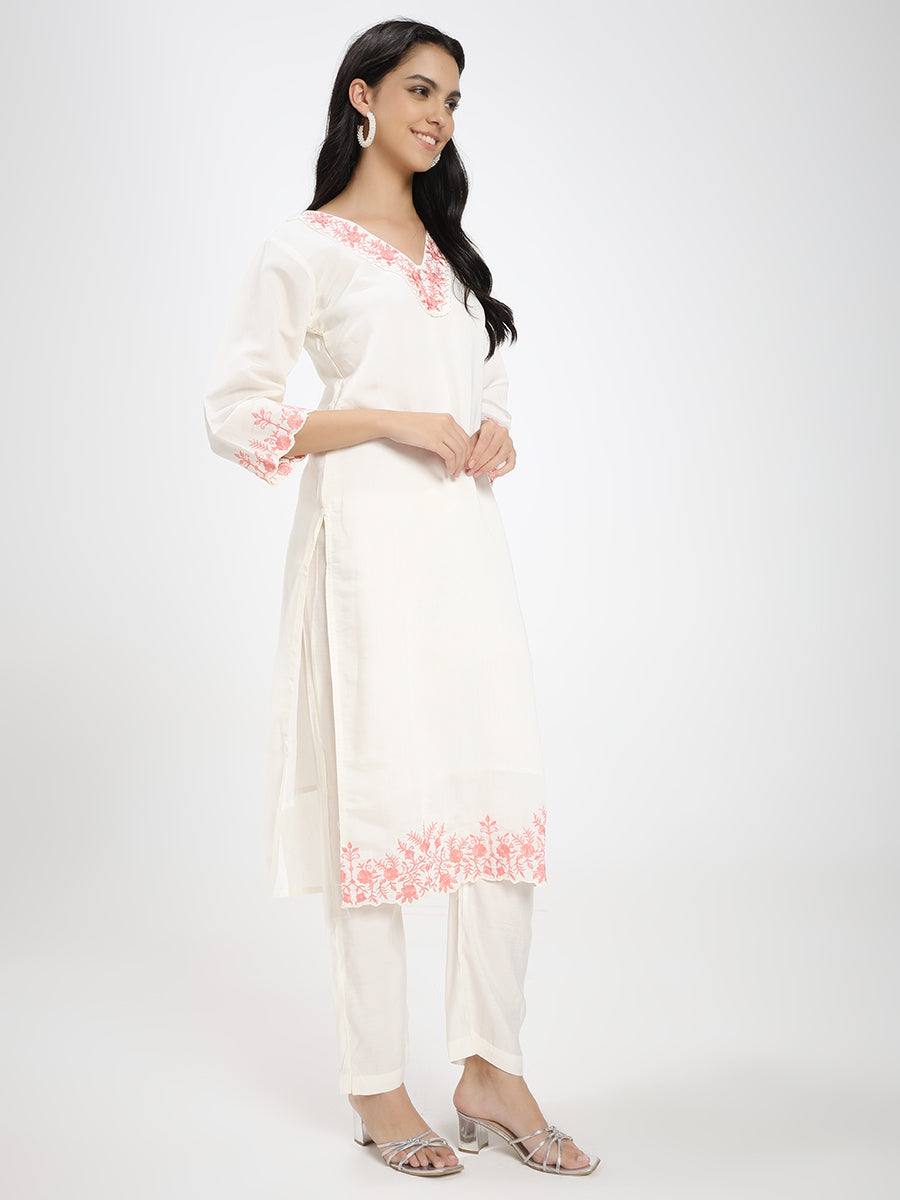Off-White & Peach Embroidered Roman Silk Kurta Pant Dupatta Set