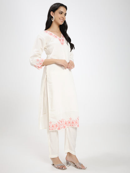 Off-White & Peach Embroidered Roman Silk Kurta Pant Dupatta Set