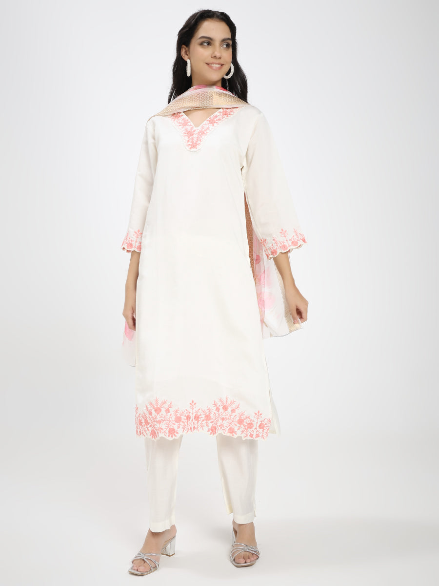 Off-White & Peach Embroidered Roman Silk Kurta Pant Dupatta Set