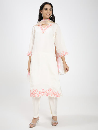 Off-White & Peach Embroidered Roman Silk Kurta Pant Dupatta Set