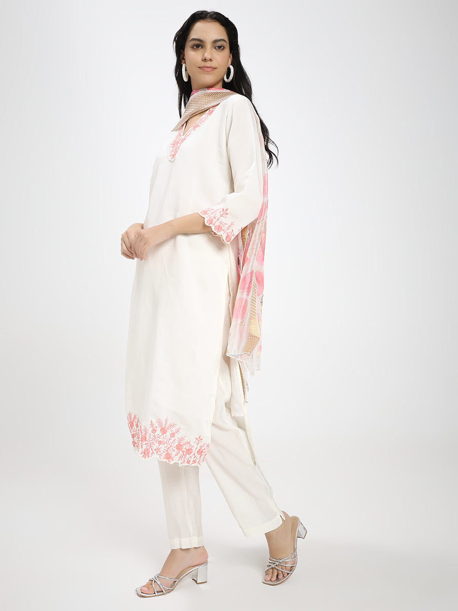 Off-White & Peach Embroidered Roman Silk Kurta Pant Dupatta Set