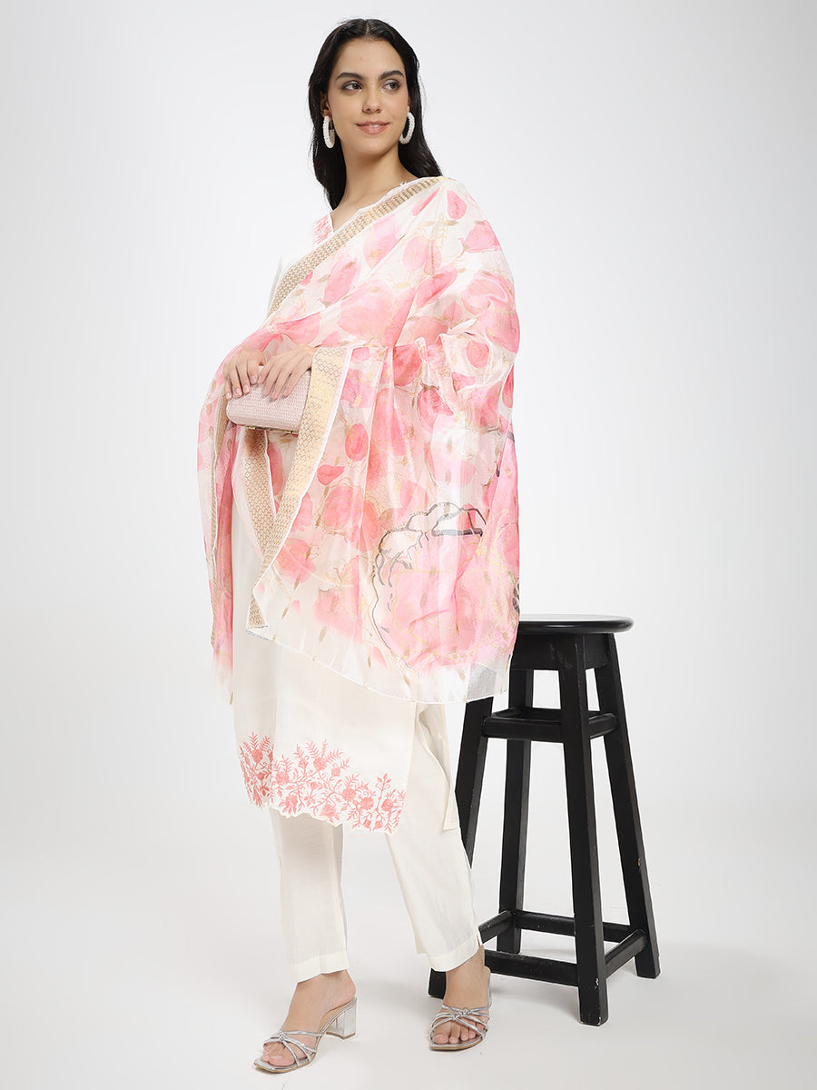 Off-White & Peach Embroidered Roman Silk Kurta Pant Dupatta Set
