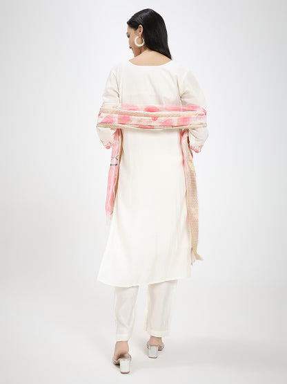 Off-White & Peach Embroidered Roman Silk Kurta Pant Dupatta Set