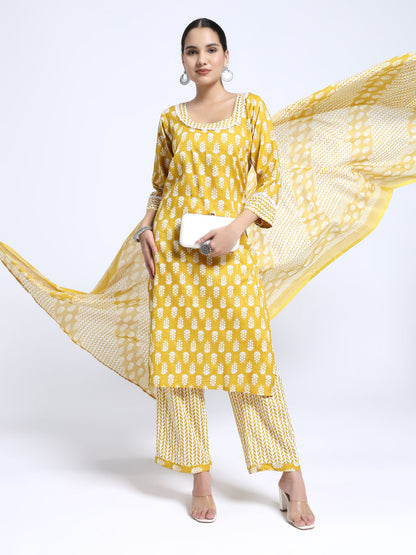 Mustard Yellow & White Cotton Printed Kurta Pant Dupatta Set