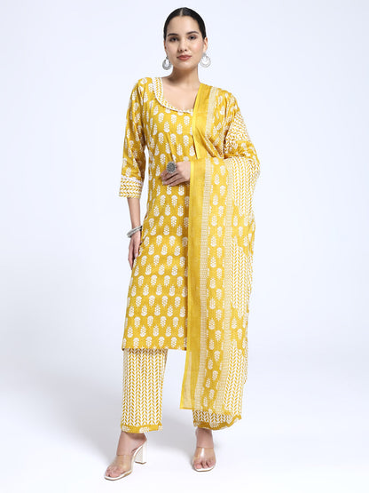 Mustard Yellow & White Cotton Printed Kurta Pant Dupatta Set