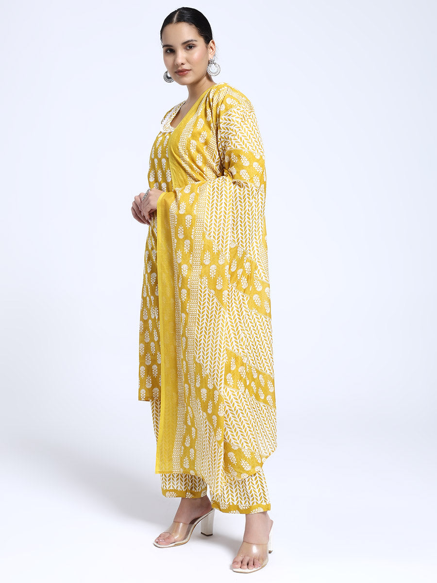 Mustard Yellow & White Cotton Printed Kurta Pant Dupatta Set