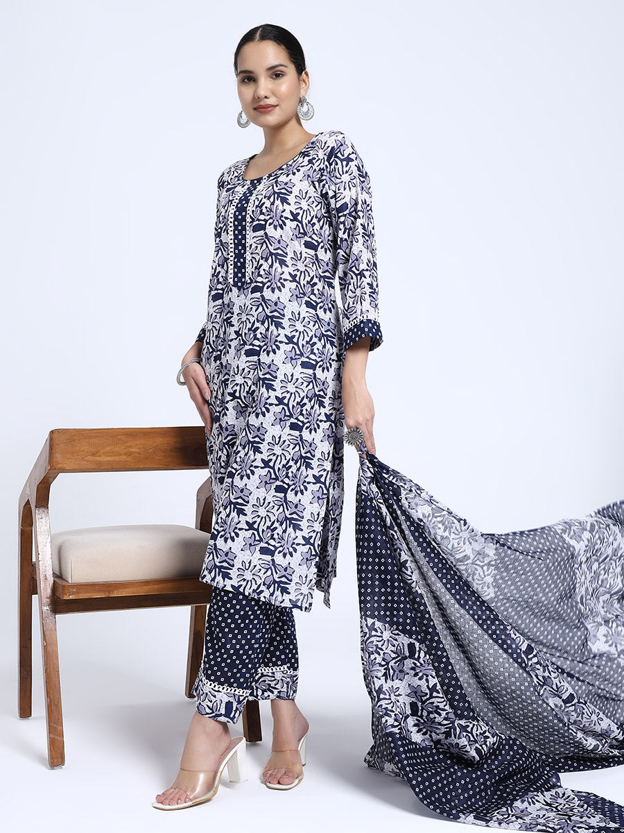 Navy Blue & White Cotton Printed Kurta Pant Dupatta Set