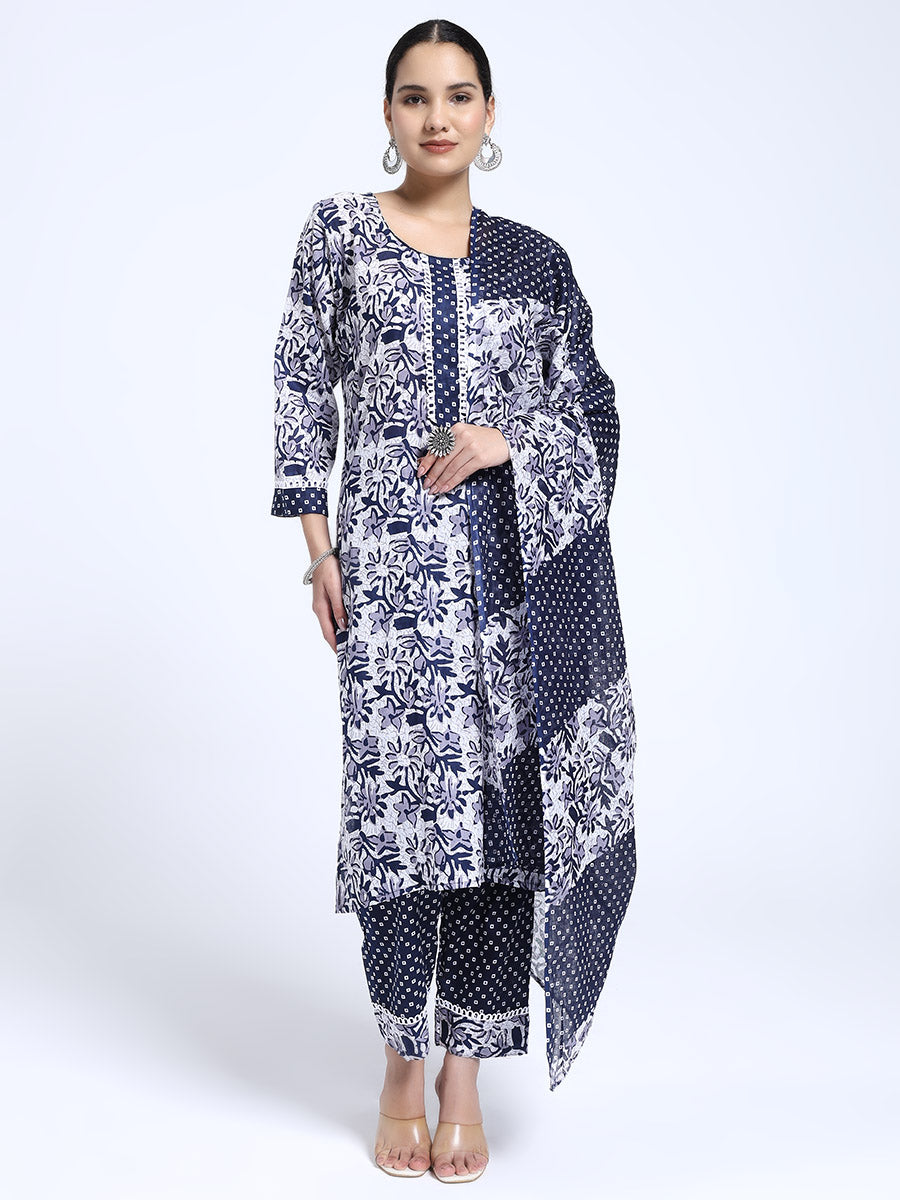 Navy Blue & White Cotton Printed Kurta Pant Dupatta Set