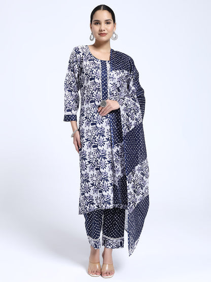 Navy Blue & White Cotton Printed Kurta Pant Dupatta Set