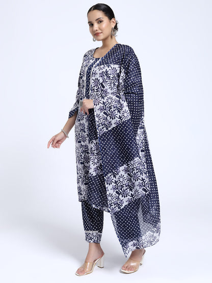 Navy Blue & White Cotton Printed Kurta Pant Dupatta Set