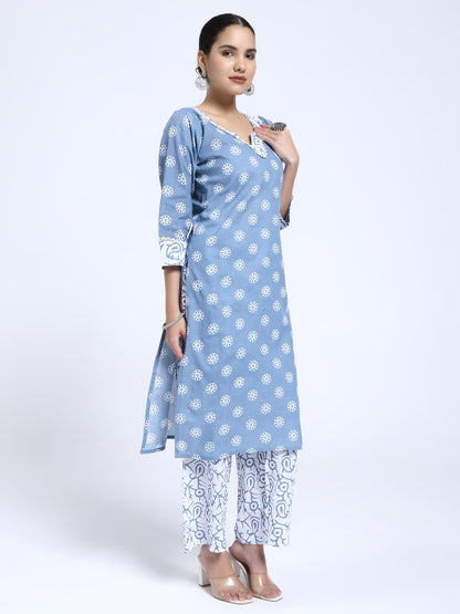 Blue & White Cotton Printed Kurta Pant Dupatta Set