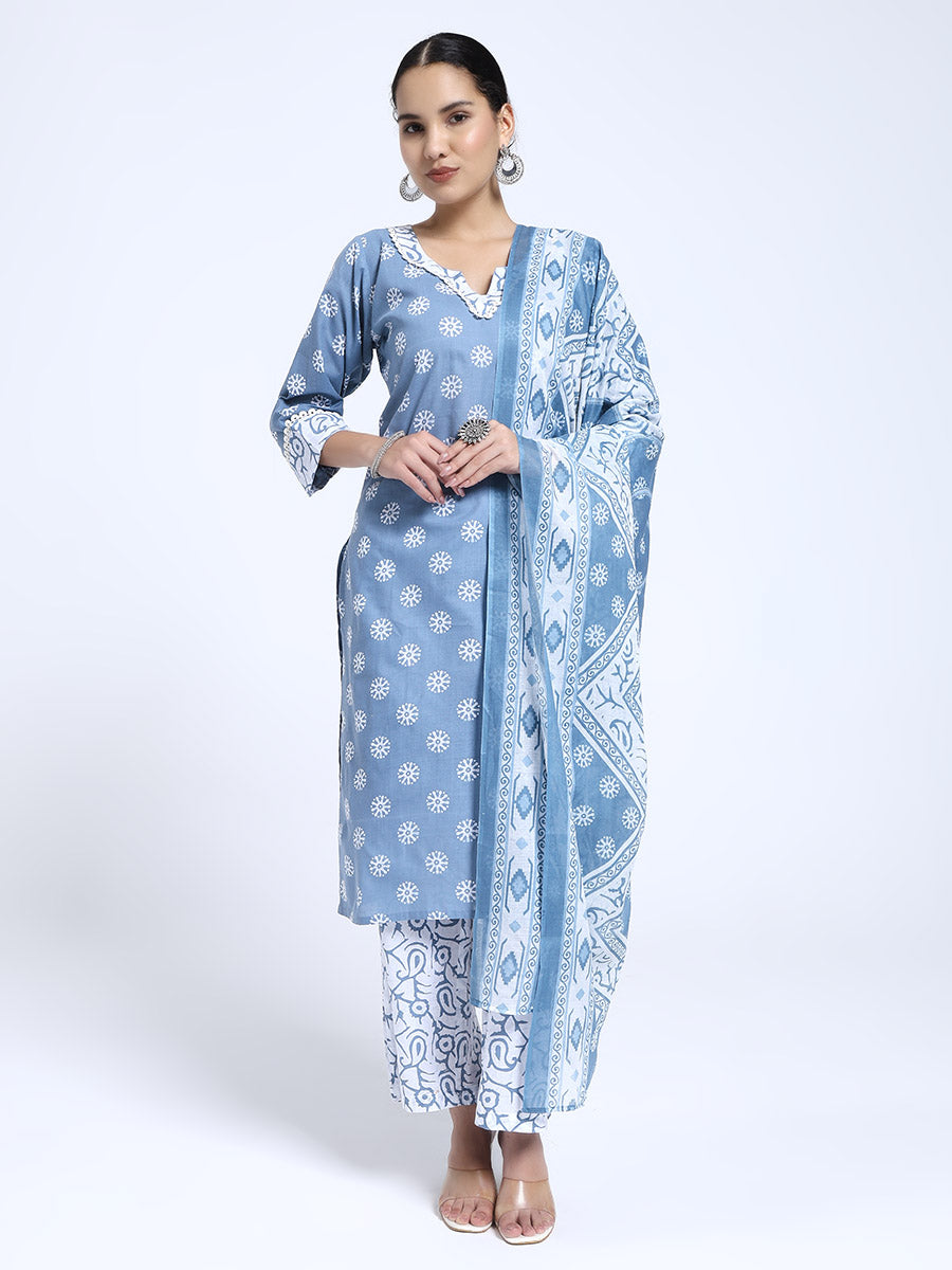 Blue & White Cotton Printed Kurta Pant Dupatta Set