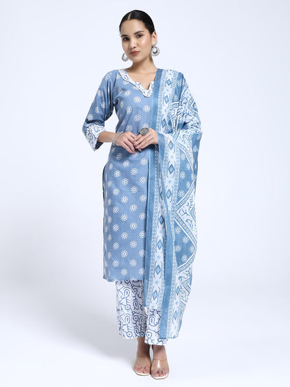 Blue & White Cotton Printed Kurta Pant Dupatta Set
