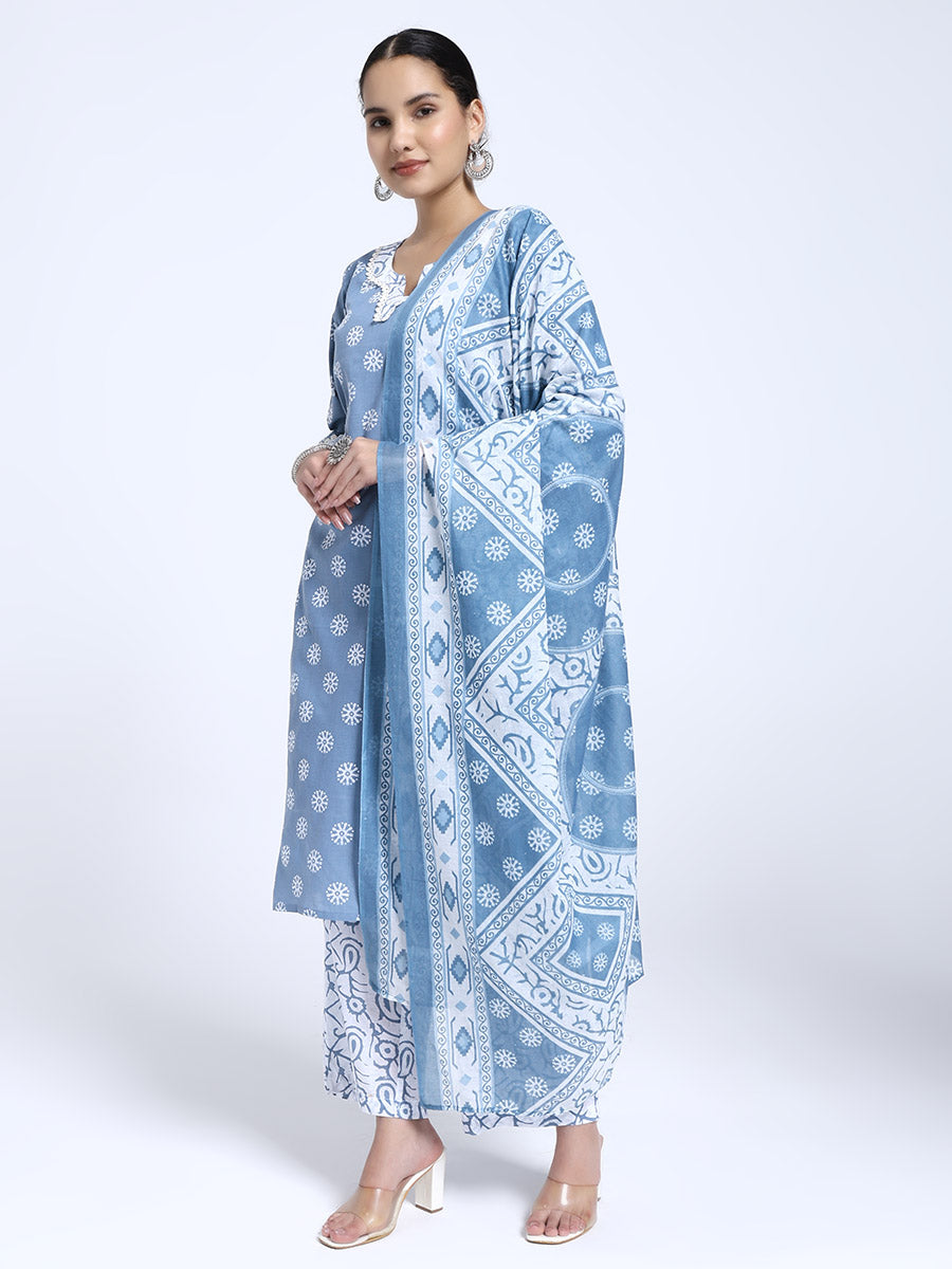 Blue & White Cotton Printed Kurta Pant Dupatta Set