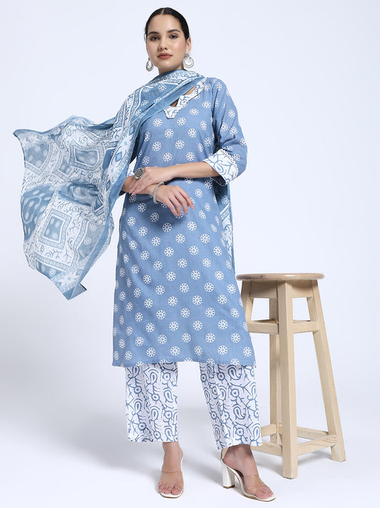 Blue & White Cotton Printed Kurta Pant Dupatta Set