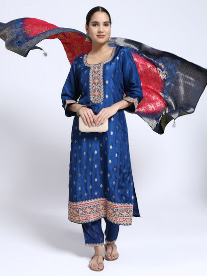 Royal Blue Roman Silk Kurta Pant with Banarasi Dupatta Set