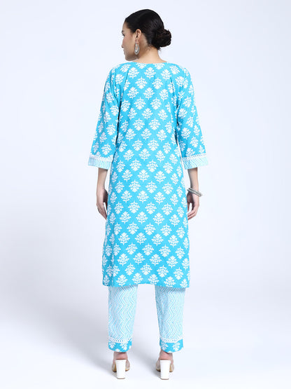 Sky Blue Printed Cotton Kurta with Matching Straight Pants