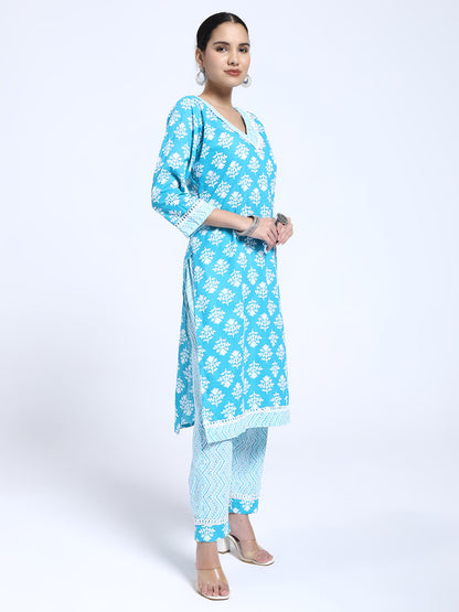 Sky Blue Printed Cotton Kurta with Matching Straight Pants