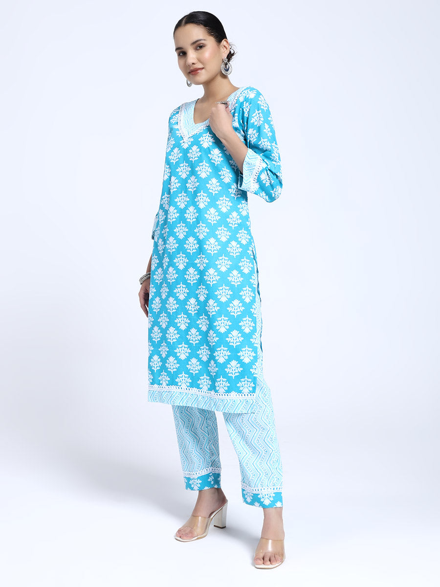 Sky Blue Printed Cotton Kurta with Matching Straight Pants