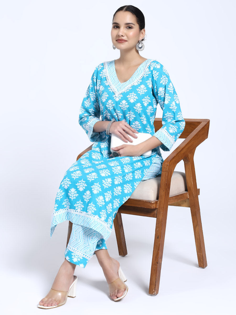 Sky Blue Printed Cotton Kurta with Matching Straight Pants