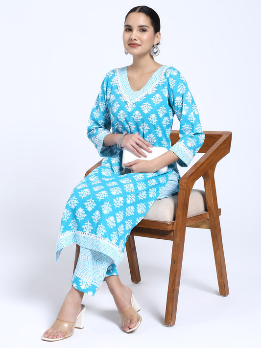 Sky Blue Printed Cotton Kurta with Matching Straight Pants