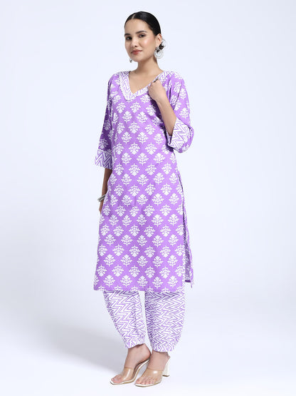 Lavender & White Cotton Ikat Printed Suit Set