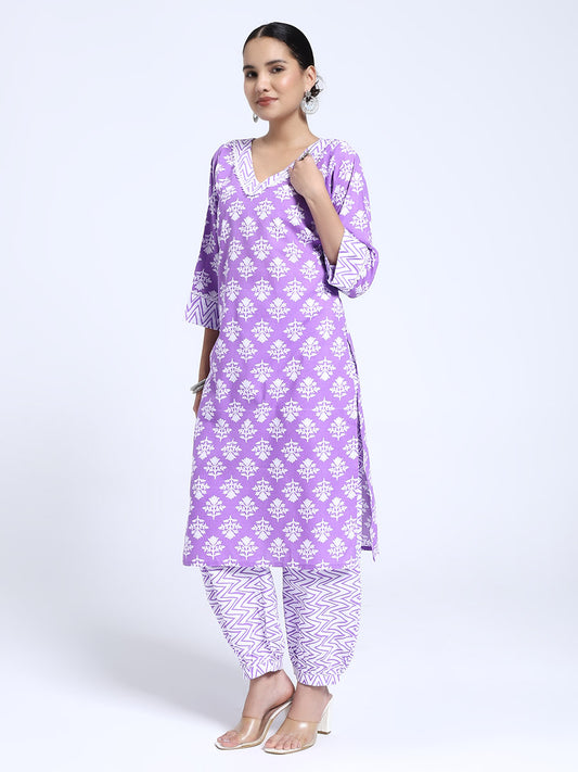 Lavender & White Cotton Ikat Printed Suit Set