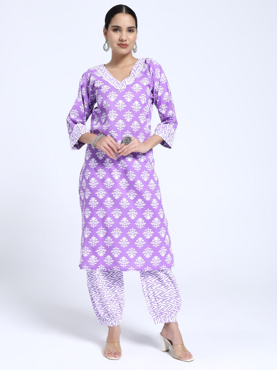 Lavender & White Cotton Ikat Printed Suit Set