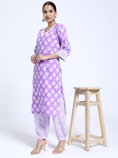 Lavender & White Cotton Ikat Printed Suit Set