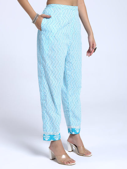 Sky Blue Printed Cotton Kurta with Matching Straight Pants