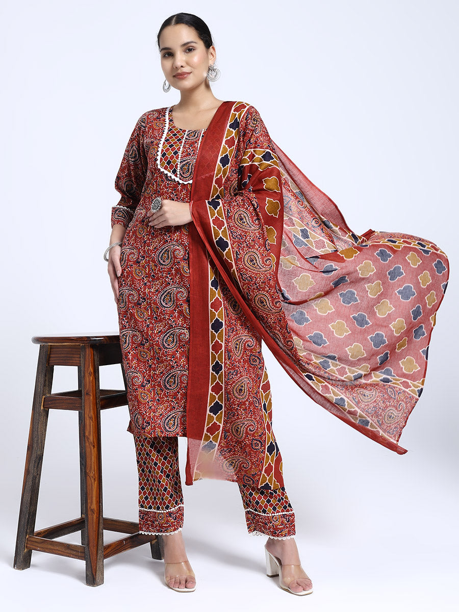 Rust Red & Brown Paisley Printed Kurta Pant Dupatta Set