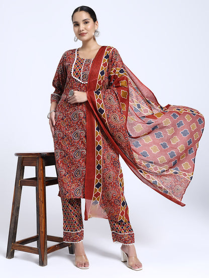 Rust Red & Brown Paisley Printed Kurta Pant Dupatta Set