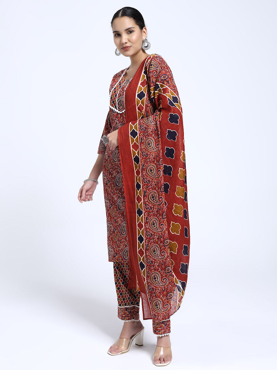 Rust Red & Brown Paisley Printed Kurta Pant Dupatta Set