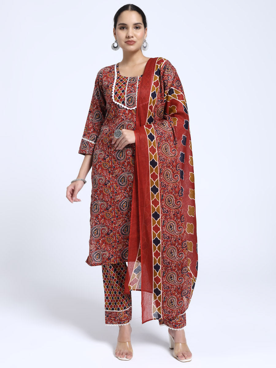 Rust Red & Brown Paisley Printed Kurta Pant Dupatta Set