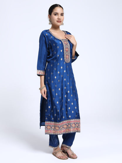 Royal Blue Roman Silk Kurta Pant with Banarasi Dupatta Set