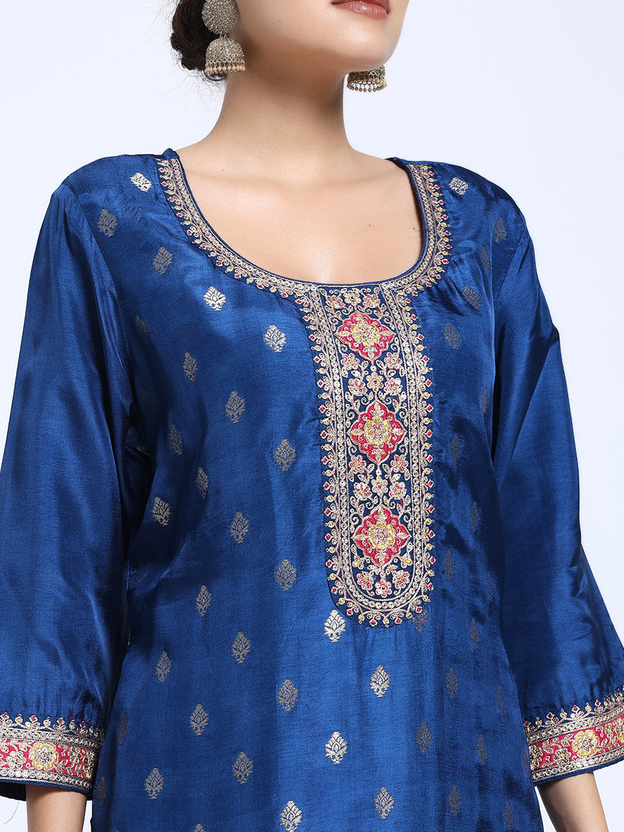 Royal Blue Roman Silk Kurta Pant with Banarasi Dupatta Set