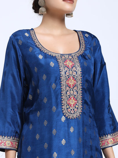 Royal Blue Roman Silk Kurta Pant with Banarasi Dupatta Set