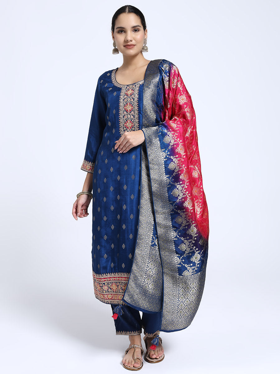 Royal Blue Roman Silk Kurta Pant with Banarasi Dupatta Set