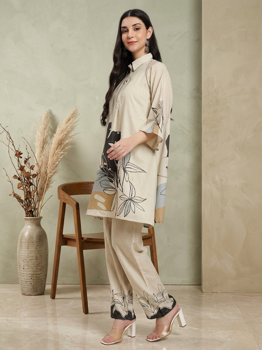 Beige Printed Co-ord Set with Abstract Floral Design