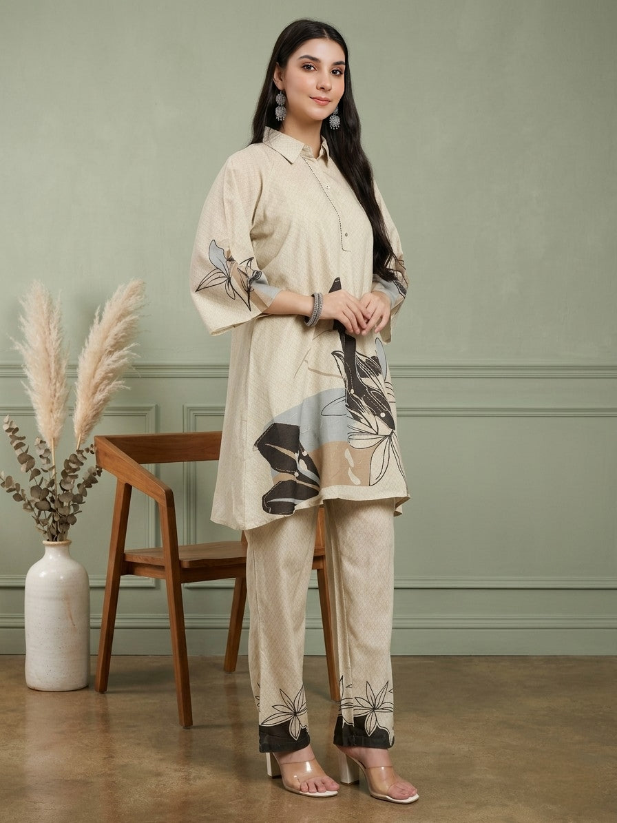Beige Printed Co-ord Set with Abstract Floral Design