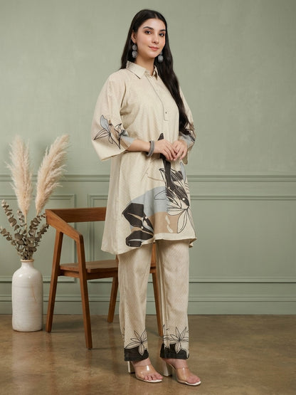 Beige Printed Co-ord Set with Abstract Floral Design