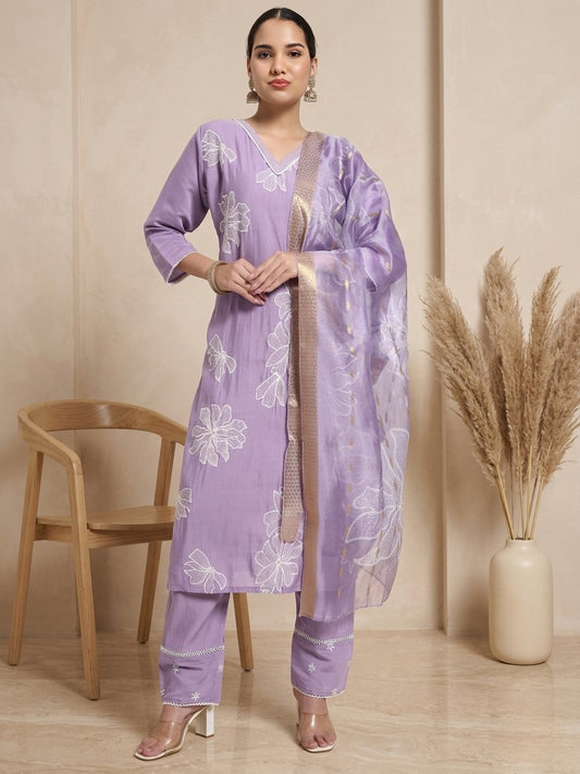 Lavender Floral Embroidered Roman Silk Kurta Pant Dupatta Set