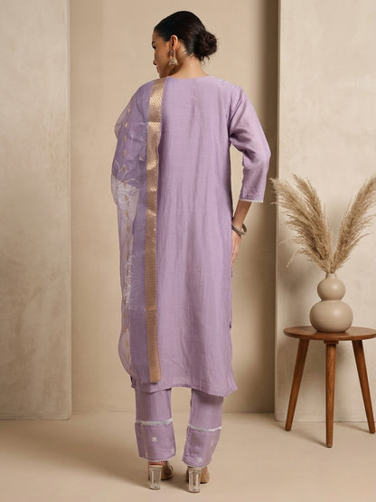 Lavender Floral Embroidered Roman Silk Kurta Pant Dupatta Set